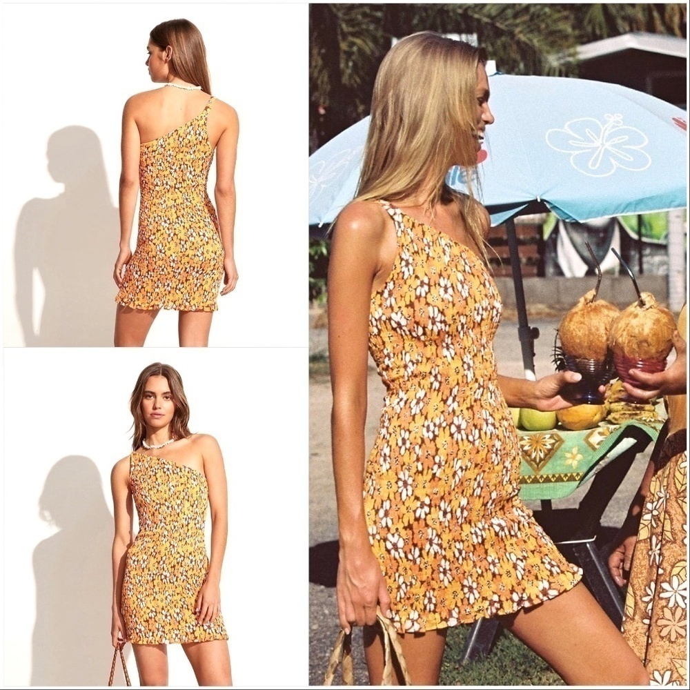 New Faithfull The Brand Terre Mer One Shoulder Mini Dress Floral Print Orange